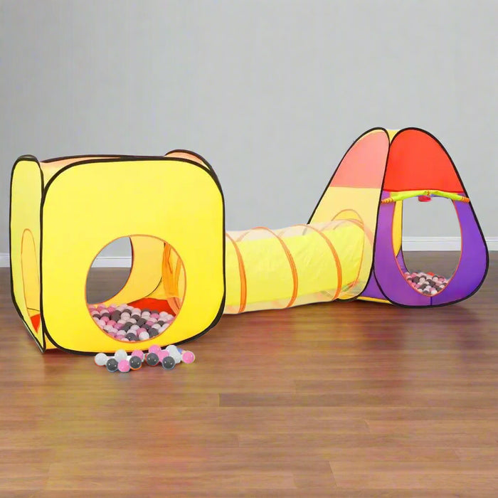 3-in-1 kids play tent set with yellow cube, tunnel, pyramid tent, and colorful balls on wood floor