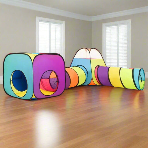 3-in-1 kids play tent set with colorful cube, pyramid tent, and two tunnels indoors