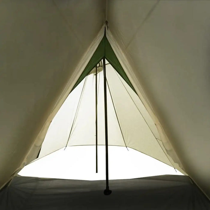 Inside view of green A-frame camping tent with dual-layer protection and central pole