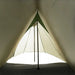 Inside view of green A-frame camping tent with dual-layer protection and central pole