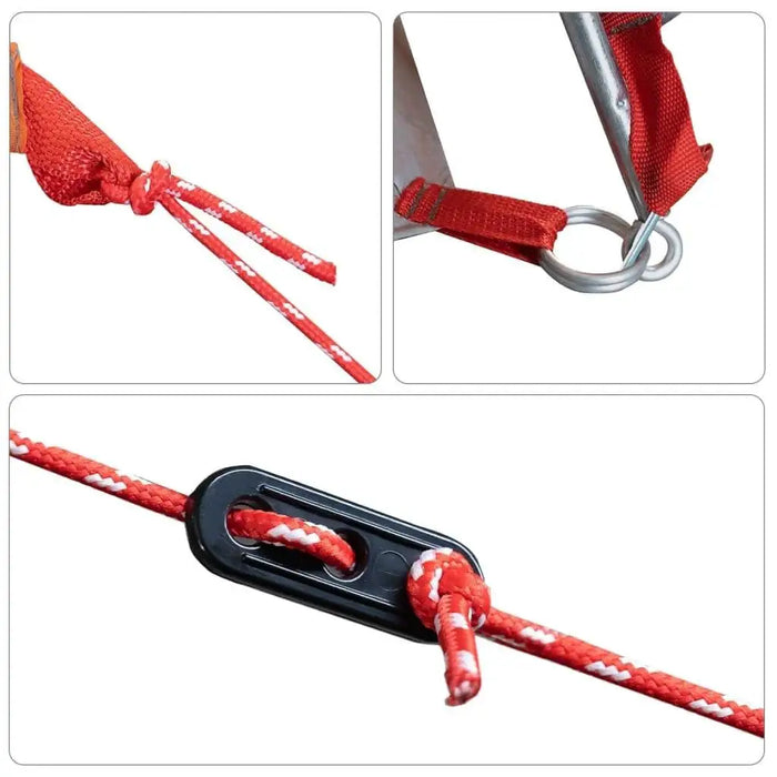 Red tent rope and hardware details with knots, metal ring, and plastic tension adjuster.