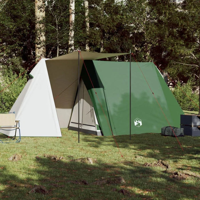 Three-person green A-frame camping tent with dual protection set up on grass in a forest
