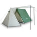 3-person A-frame camping tent in green and gray with dual rainfly and awning