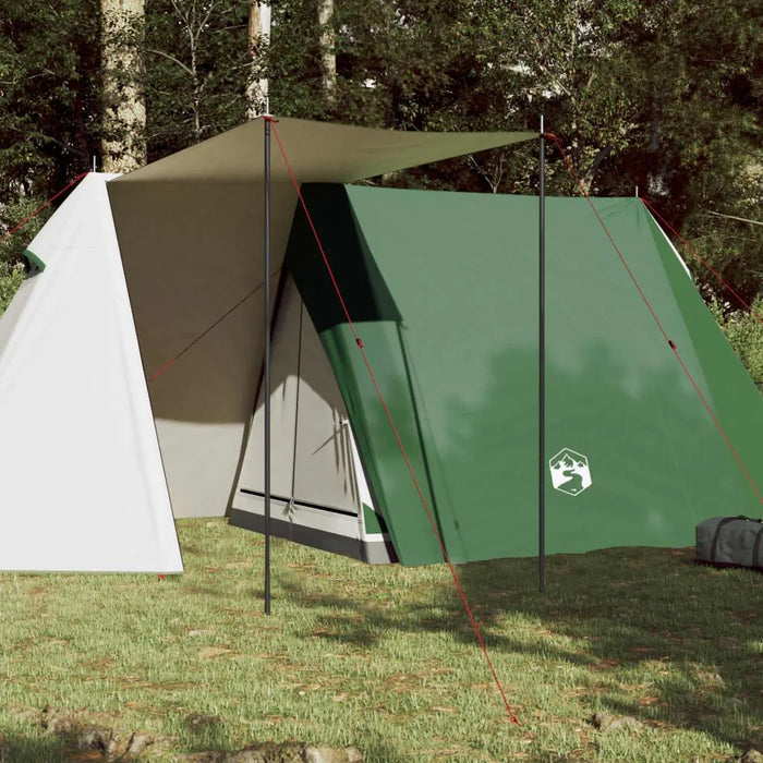 Green A-frame 3-person camping tent with dual canopy in forest clearing