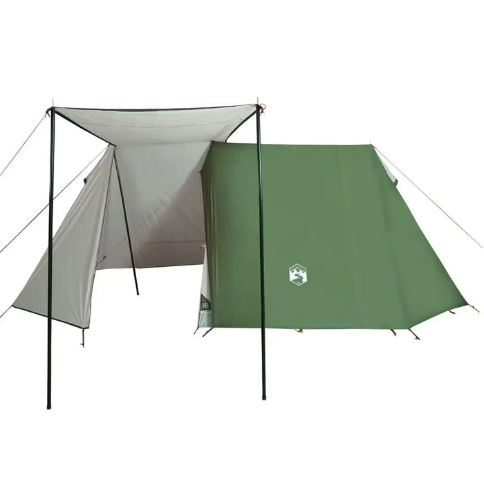 Green 3-person A-frame camping tent with awning and dual protection design