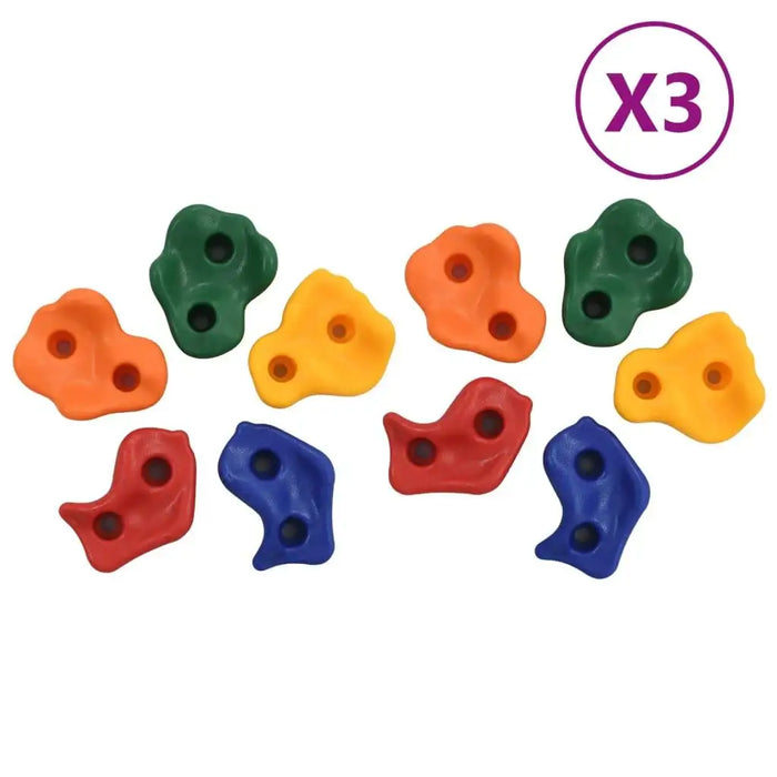 Colorful kids climbing wall holds set, assorted shapes, set of 30, X3 sign.