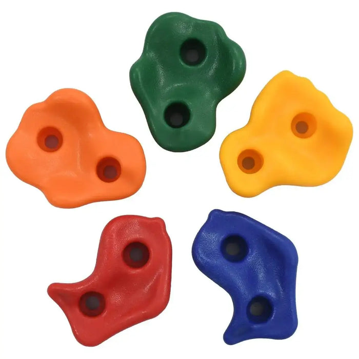 Five colorful kids' climbing wall holds in red, green, blue, orange, and yellow.