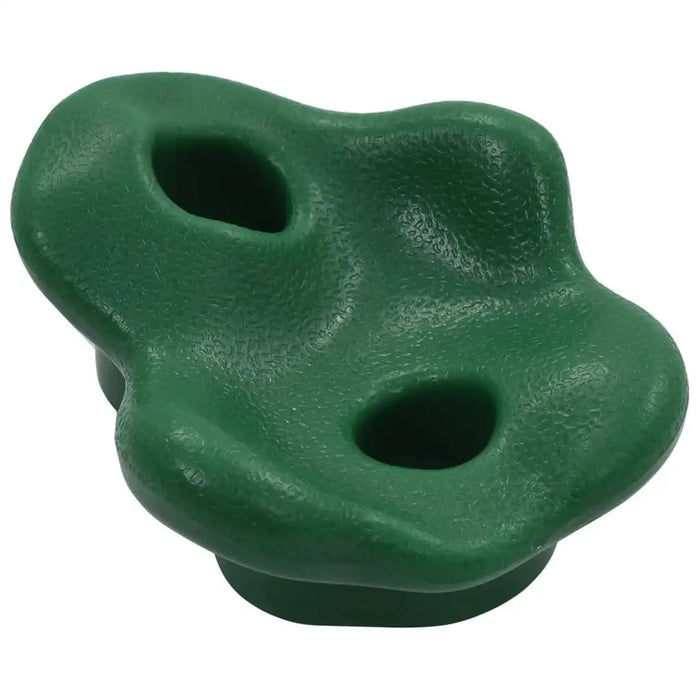Green plastic kids climbing rock hold with textured surface and two mounting holes.