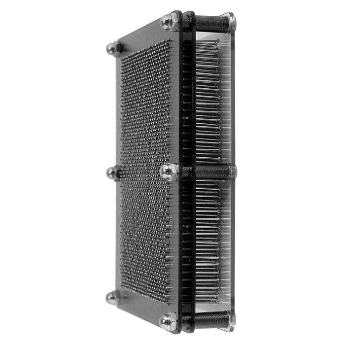 3D metal pin art frame desk toy with hundreds of shiny metal pins and black frame side view