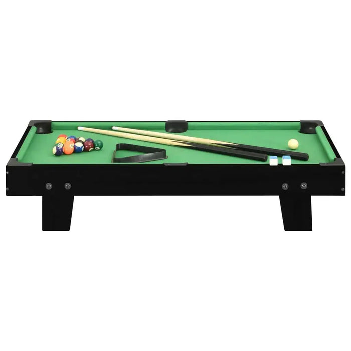 3ft portable tabletop pool table with cues, balls, triangle rack, and chalk on green felt
