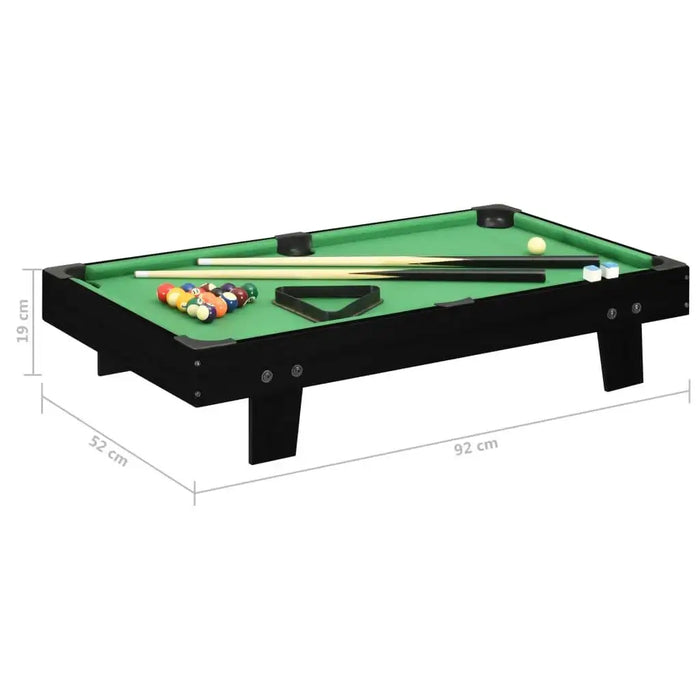 3ft portable tabletop pool table in black with green felt, cues, balls, and size measurements