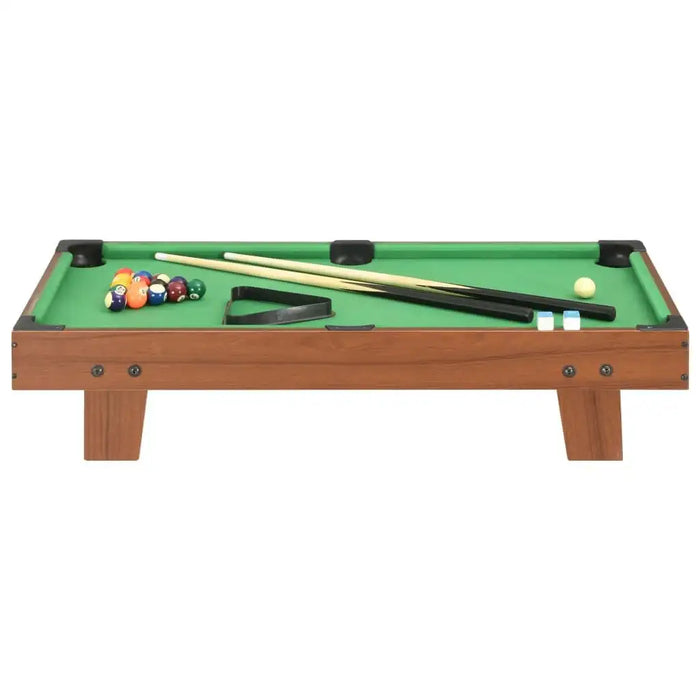 3ft brown tabletop pool table with green felt, cues, balls, and triangle rack