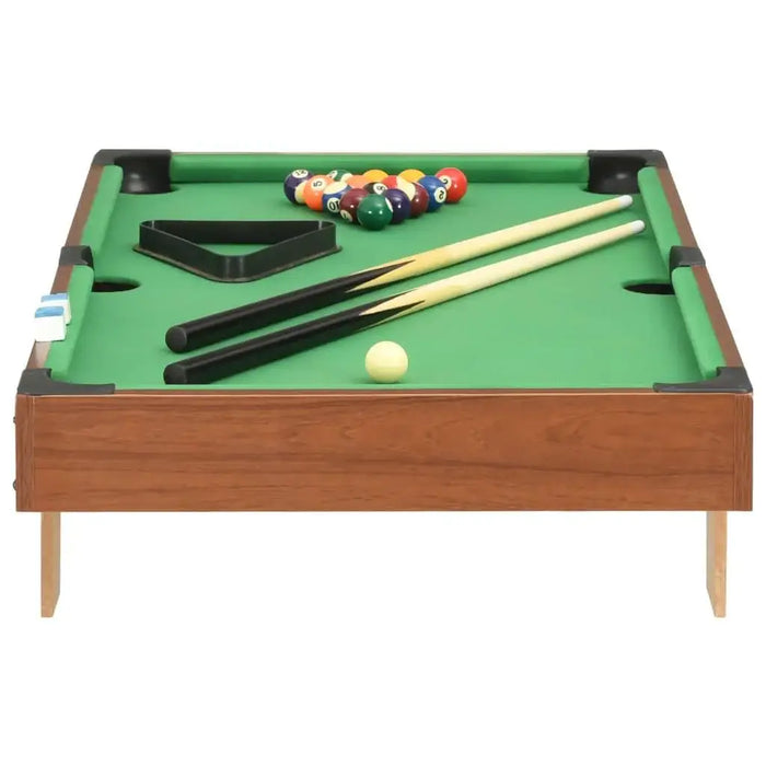 3ft tabletop pool table with green felt, wooden sides, cues, balls, and triangle rack