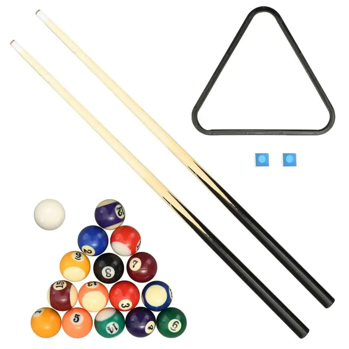 Tabletop pool billiards set with two cues, triangle rack, balls, and chalk on white background