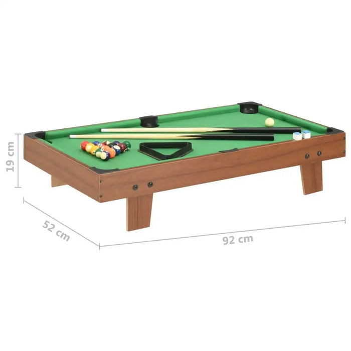 3ft brown tabletop pool table with green felt, cues, balls, triangle, and cue chalk