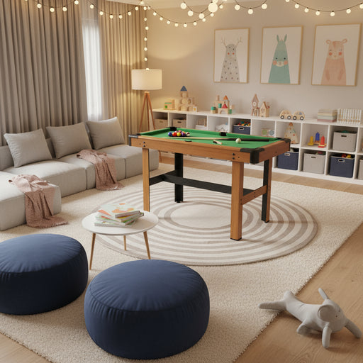 4ft portable billiard table in cozy family playroom with kids decor and soft lighting