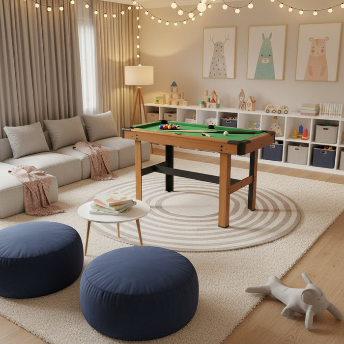 4ft portable billiard table in cozy family playroom with kids decor and soft lighting
