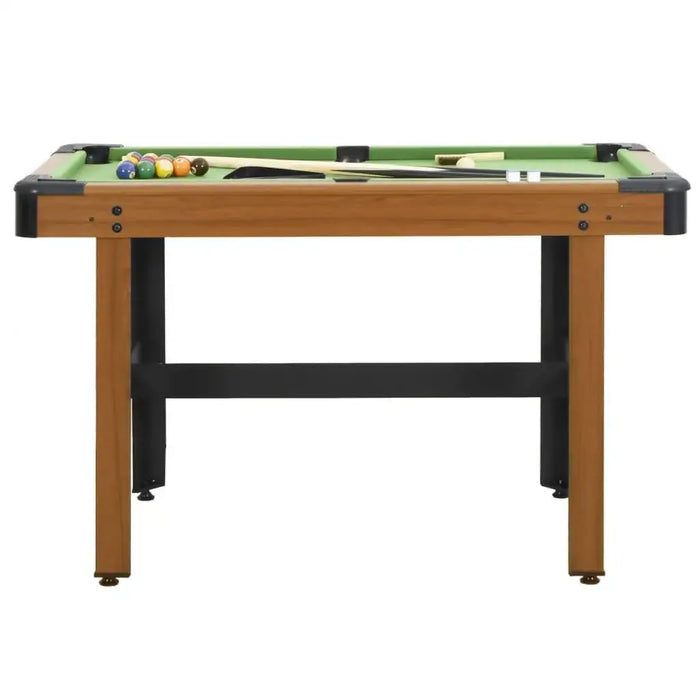 4ft portable billiard table with green felt, wooden frame, cue sticks, and pool balls