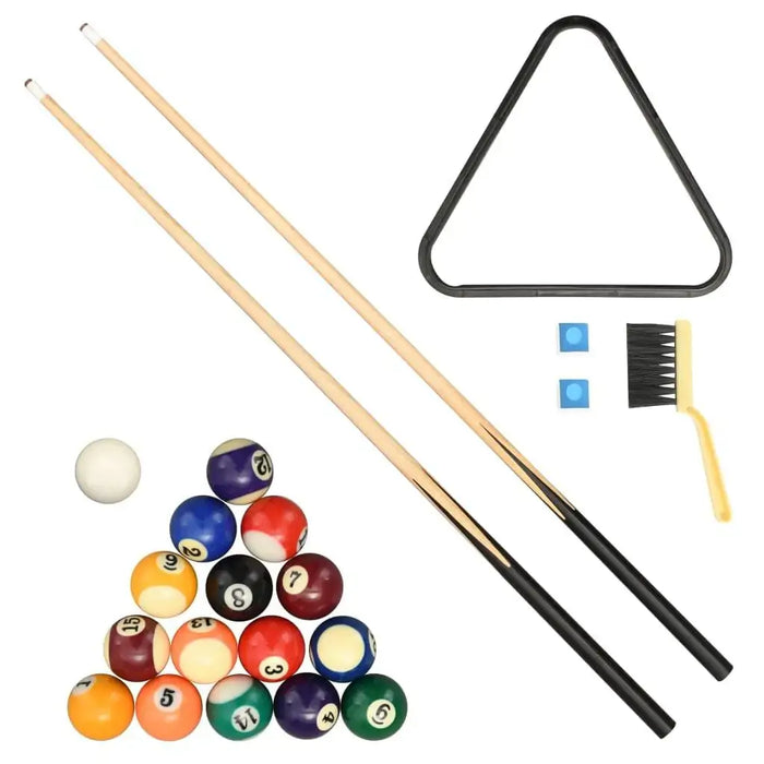 Portable billiard table set with pool cues, balls, chalk, brush, and triangle rack
