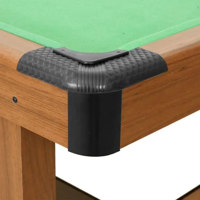 Corner view of 4ft portable billiard table with green felt and wood frame