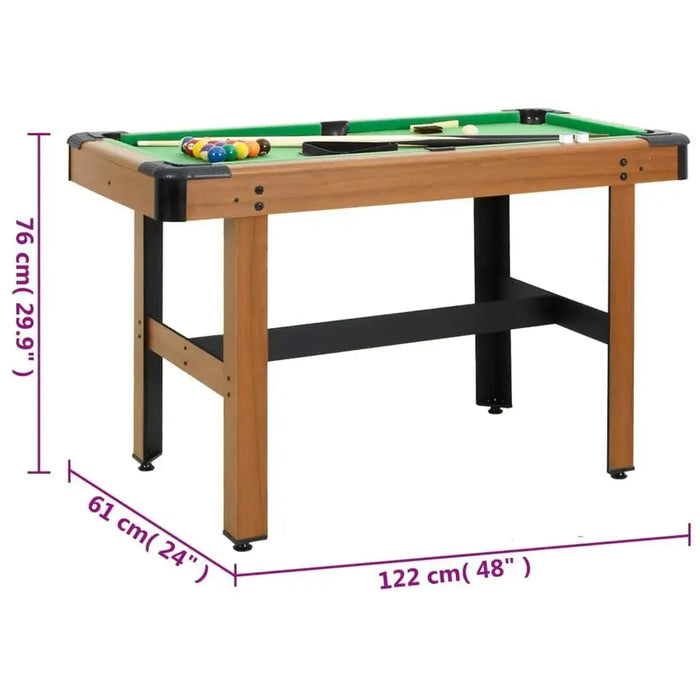 4ft portable billiard table with green felt, wooden frame, and dimensions labeled