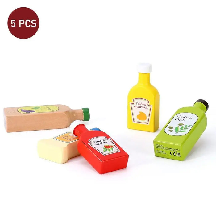 5-piece wooden kids sauces and oils bottle set for kitchen role play