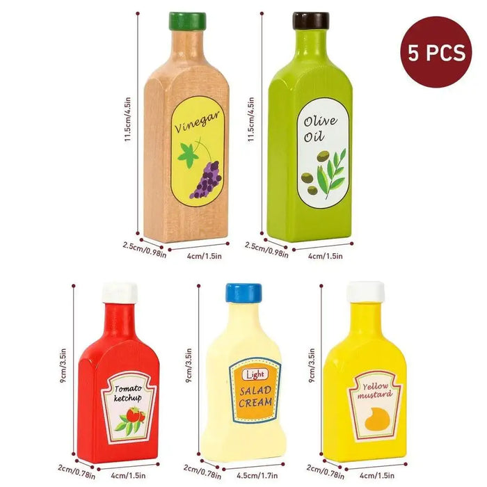 5-piece wooden kids kitchen play set with toy bottles of vinegar, olive oil, ketchup, salad cream, and mustard.