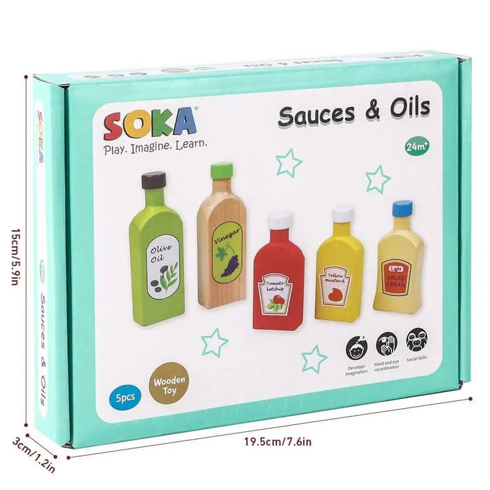 SOKA 5-piece kids wooden sauces and oils bottle toy set in educational kitchen play box