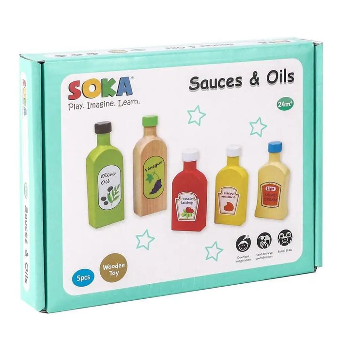 SOKA 5-piece wooden kids sauces and oils bottle set in turquoise box for kitchen role play
