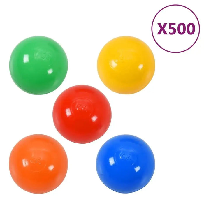 Set of 500 colorful baby play balls in green, yellow, red, orange, and blue on white background
