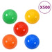 Set of 500 colorful baby play balls in green, yellow, red, orange, and blue on white background