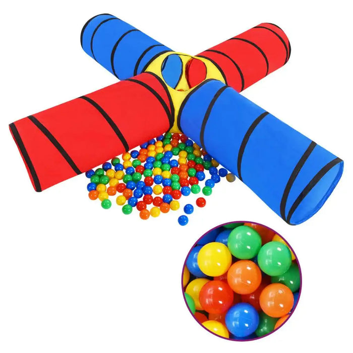 Colorful baby play balls with educational play tunnels for kids, red and blue tubes, 6cm diameter balls.