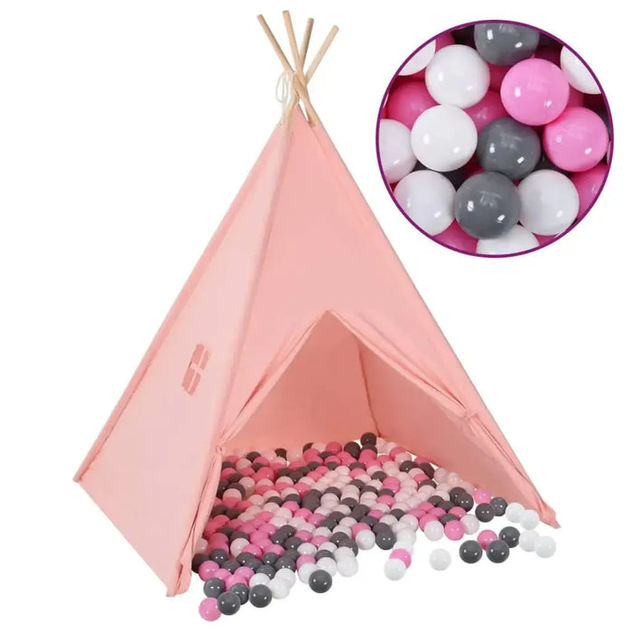 Pink play tent filled with white, grey, and pink baby play balls on a white background.