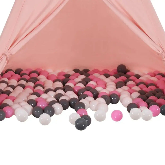 Pink tent filled with white, grey, and pink baby play balls on the floor