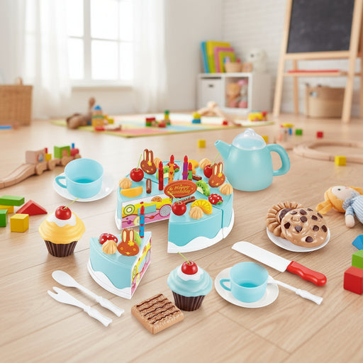 Wooden birthday cake playset with cupcakes, tea set, cookies, and toy utensils on playroom floor