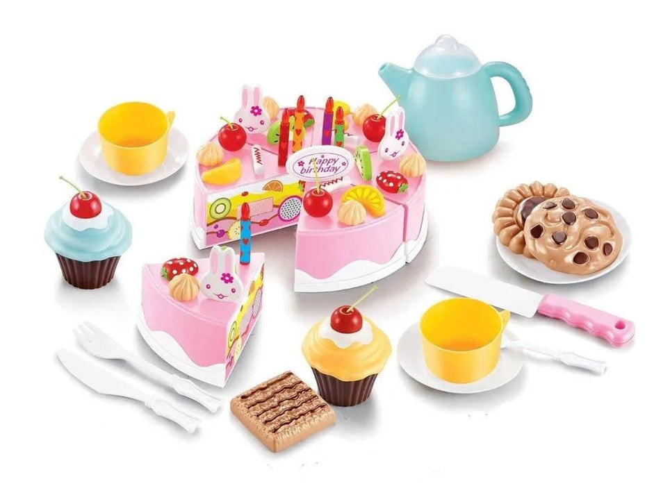 Wooden birthday cake playset with pink cake, cupcakes, cookies, tea pot, cups and utensils