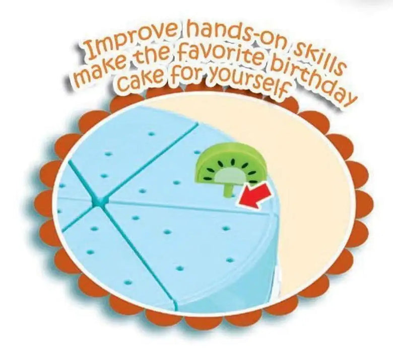 Wooden birthday cake playset with blue cake, kiwi slice topper, and skill-building message.
