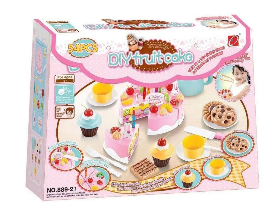 54-piece wooden birthday cake playset with pink cake, toy tea set, cupcakes, and cookies
