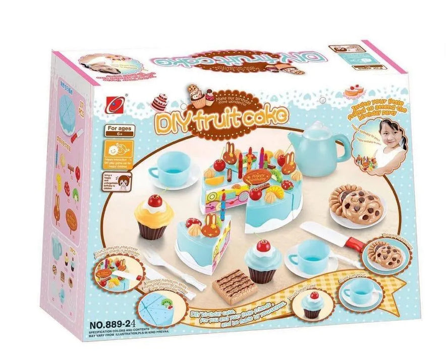 54-piece wooden birthday cake playset with toy cake, tea set, cupcakes, and cookies on box