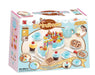 54-piece wooden birthday cake playset with toy cake, tea set, cupcakes, and cookies on box