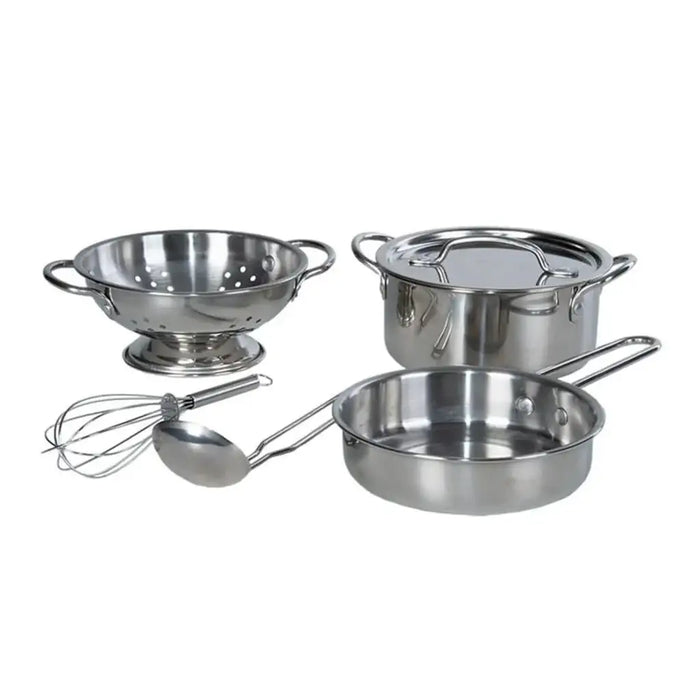 6-piece stainless steel mud kitchen playset with pot, pan, colander, whisk, ladle