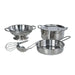 6-piece stainless steel mud kitchen playset with pot, pan, colander, whisk, ladle