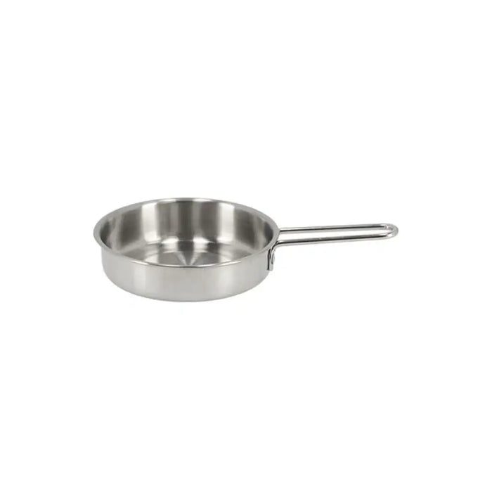 Stainless steel play frying pan with handle on white background