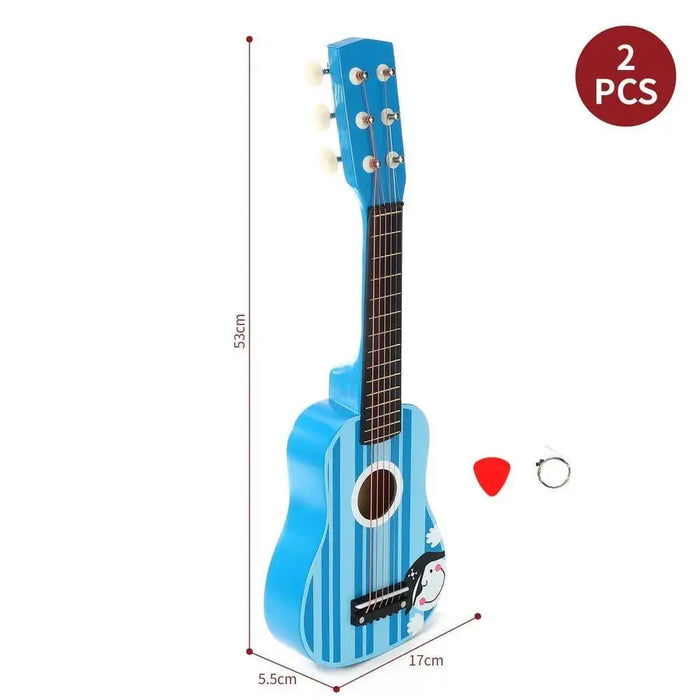 Blue 6-string kids acoustic guitar 53cm with cartoon design, guitar pick, and spare string.