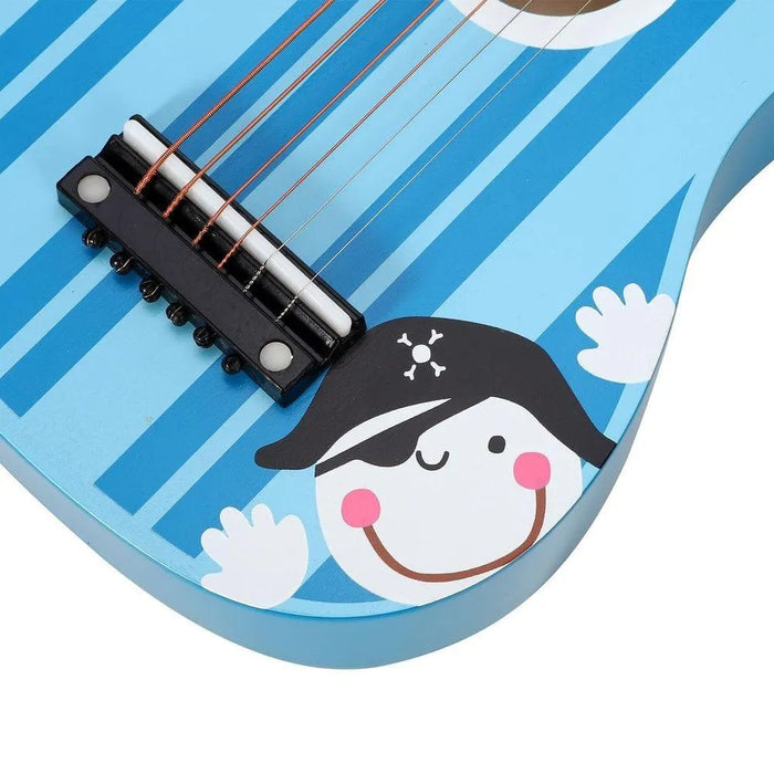 Blue kids' acoustic guitar with pirate cartoon design and six strings, close-up view