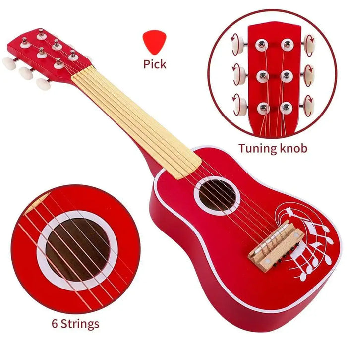 Red 6-string kids acoustic guitar with pick and tuning knob details, ideal for beginners.
