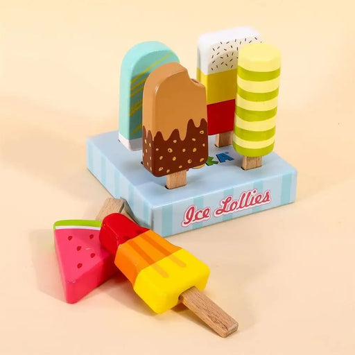 Colorful wooden ice cream playset with seven pretend lollies on a striped stand