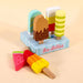 Colorful wooden ice cream playset with seven pretend lollies on a striped stand