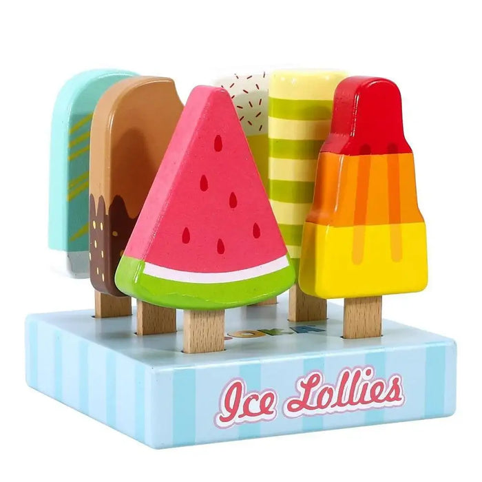 7-piece kids wooden ice cream playset with colorful pretend lollies on a striped stand