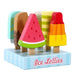 7-piece kids wooden ice cream playset with colorful pretend lollies on a striped stand